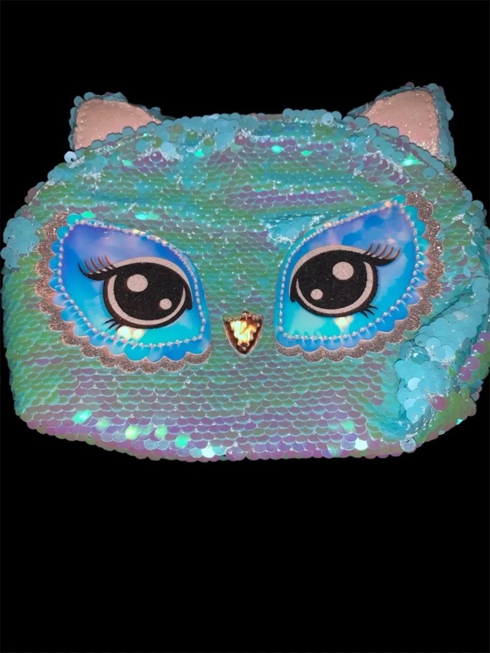 Justice Iridescent Aqua & Mint Sequin Owl Cosmetic Pouch - Picture 1 of 3